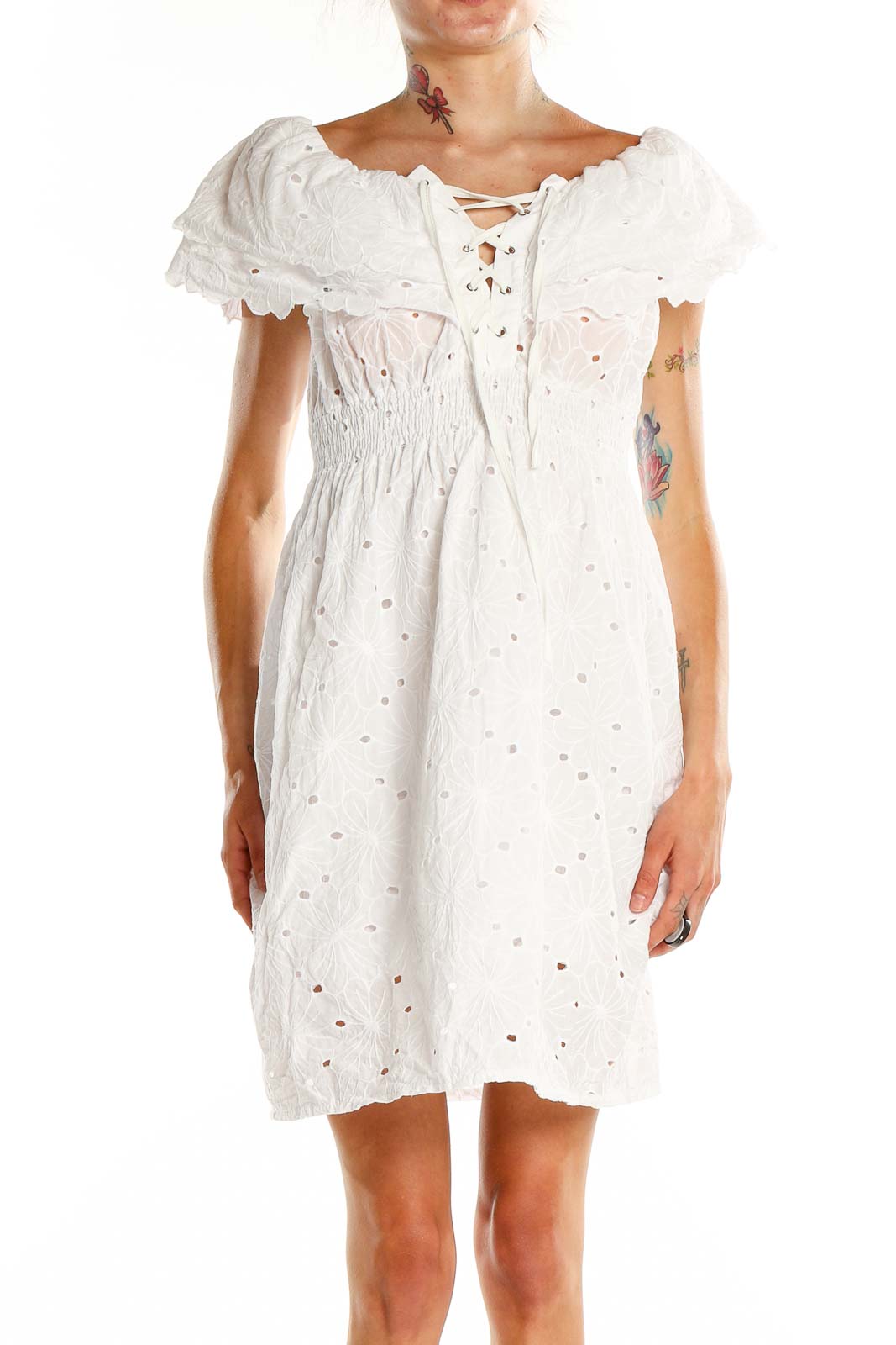 Front view of white eyelet lace off-shoulder mini dress by Golden Days Paris