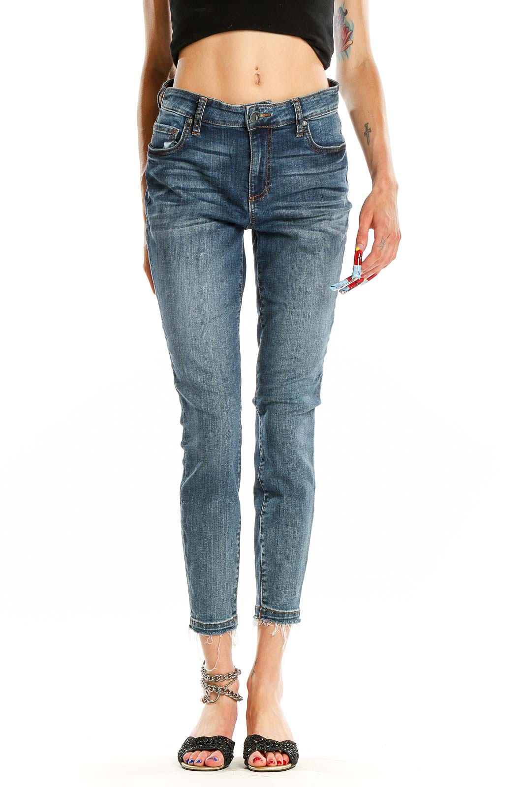 Front view of KUT from the Kloth blue distressed ankle skinny jeans