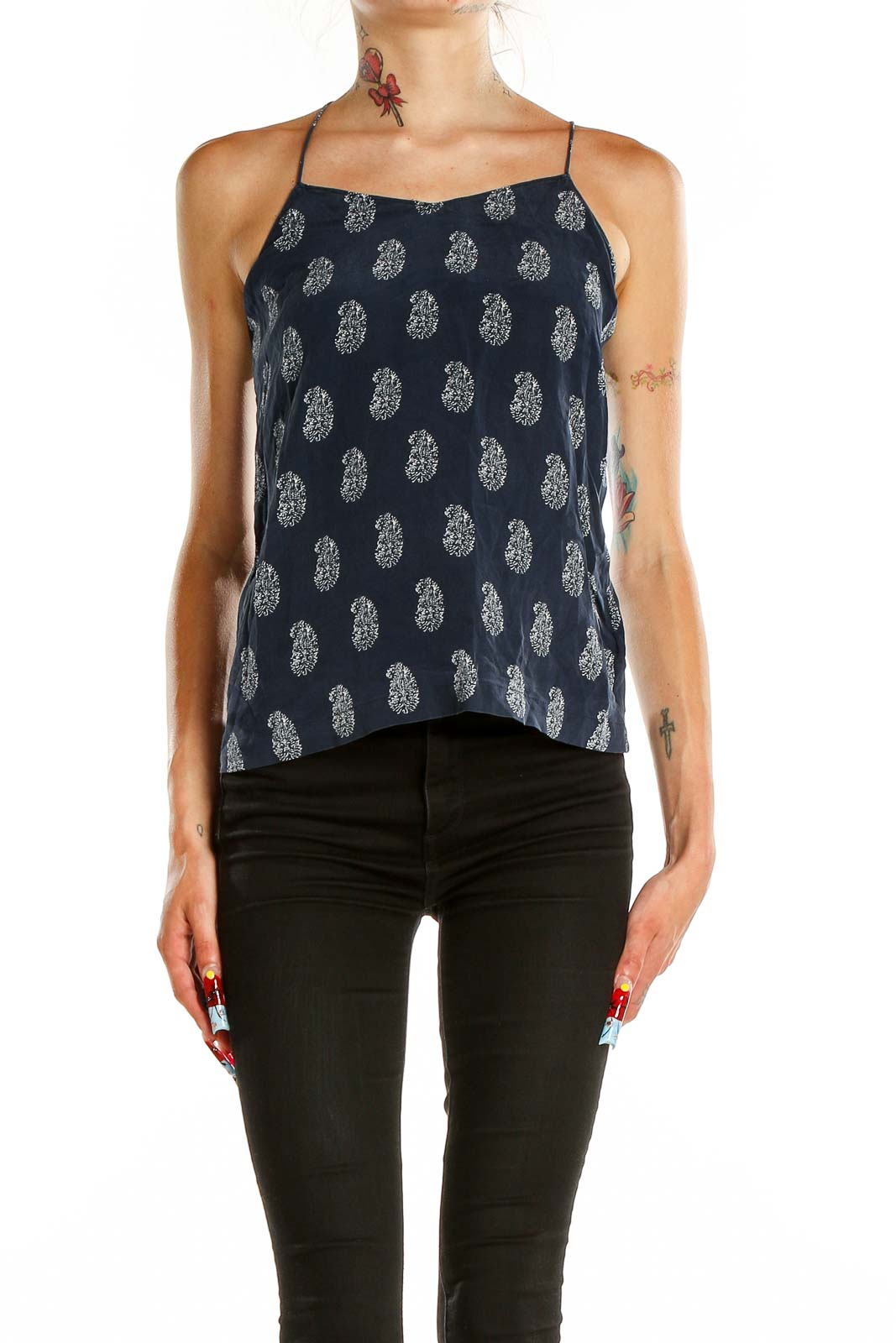 Front view of Madewell navy camisole top with white paisley print