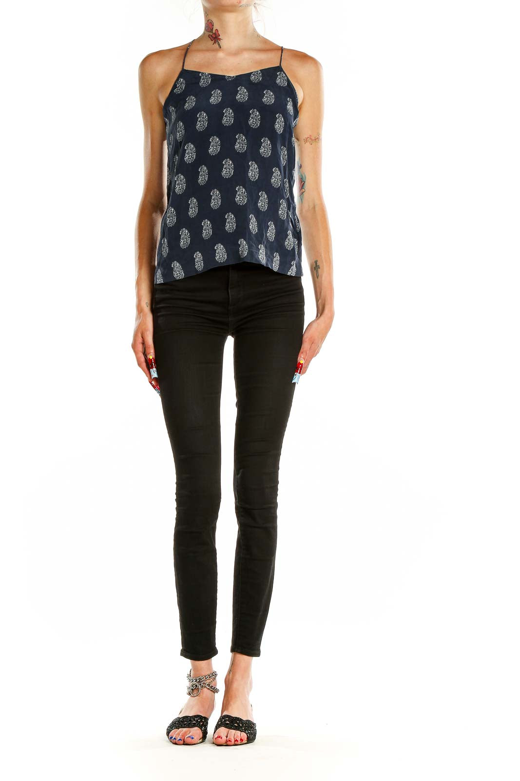 Front view of Madewell navy camisole top with white paisley print