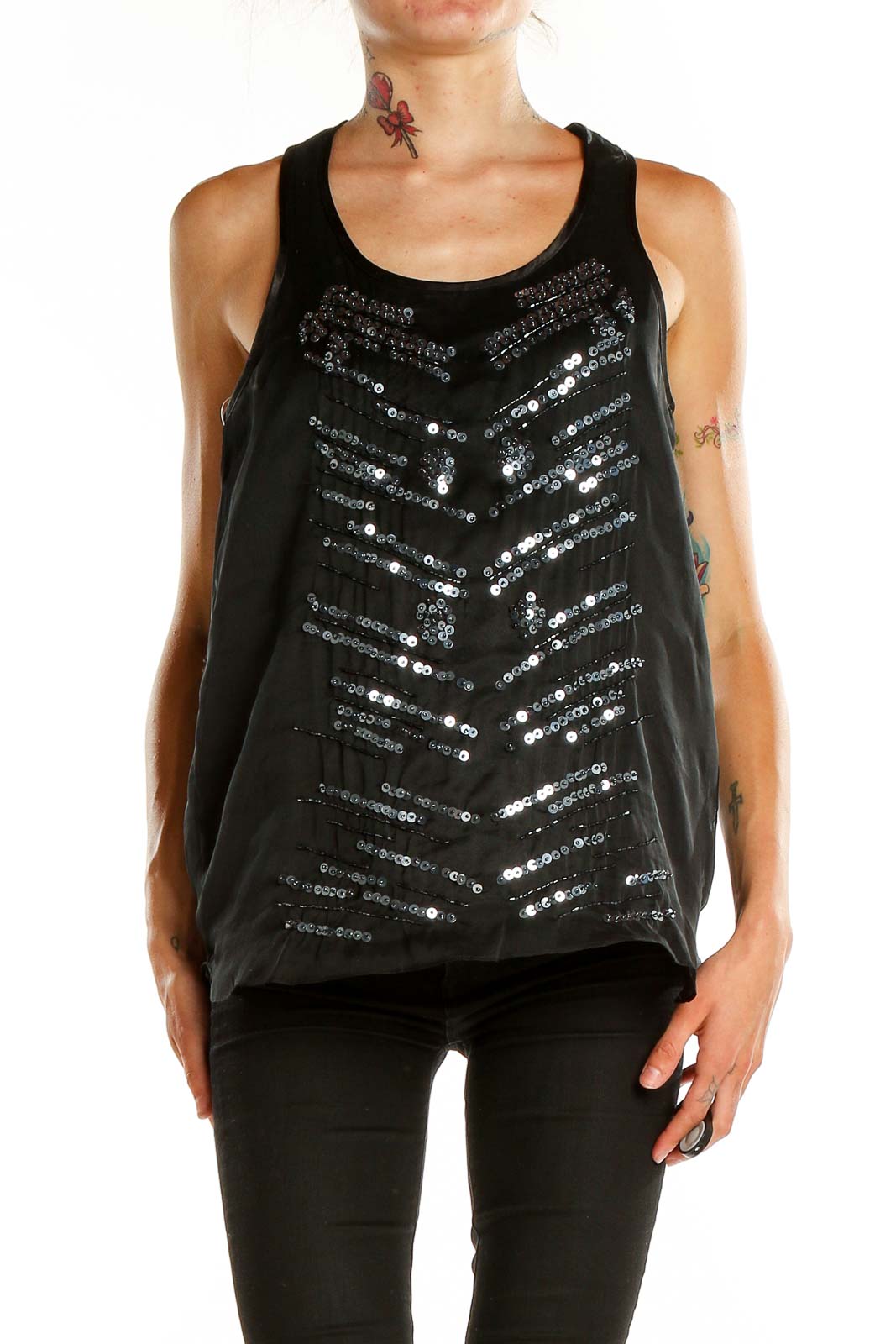 Front view of black sequined tank top with chevron pattern