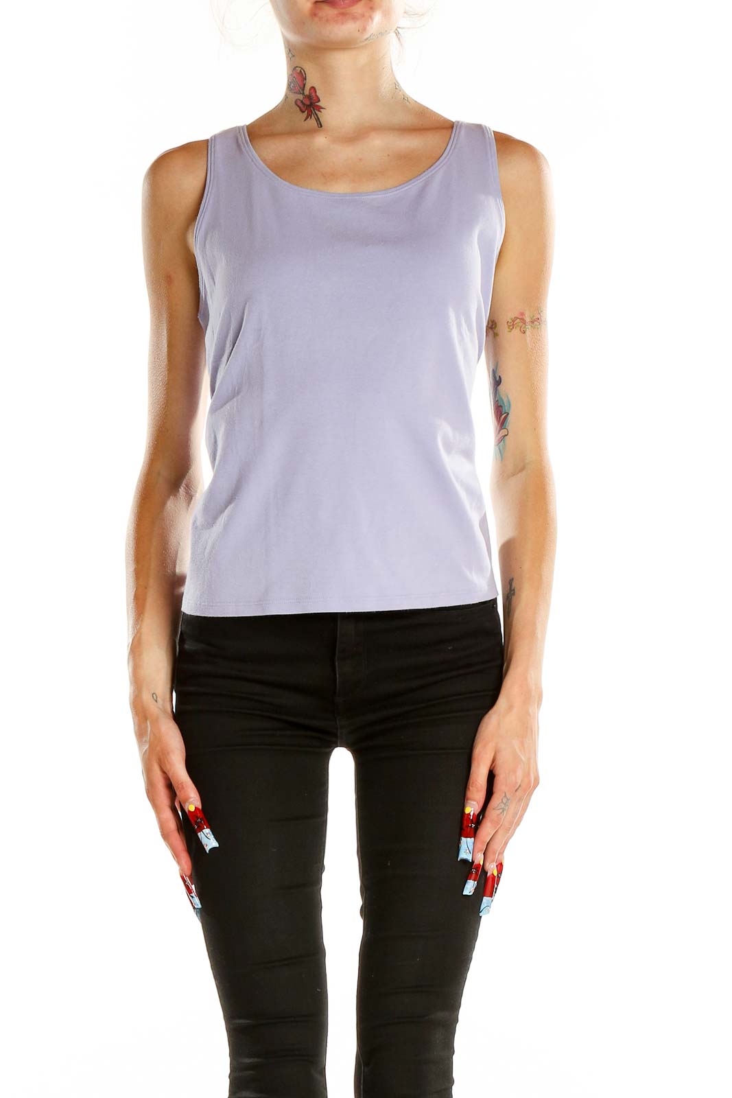 Front view of lavender Eileen Fisher sleeveless tank top on model