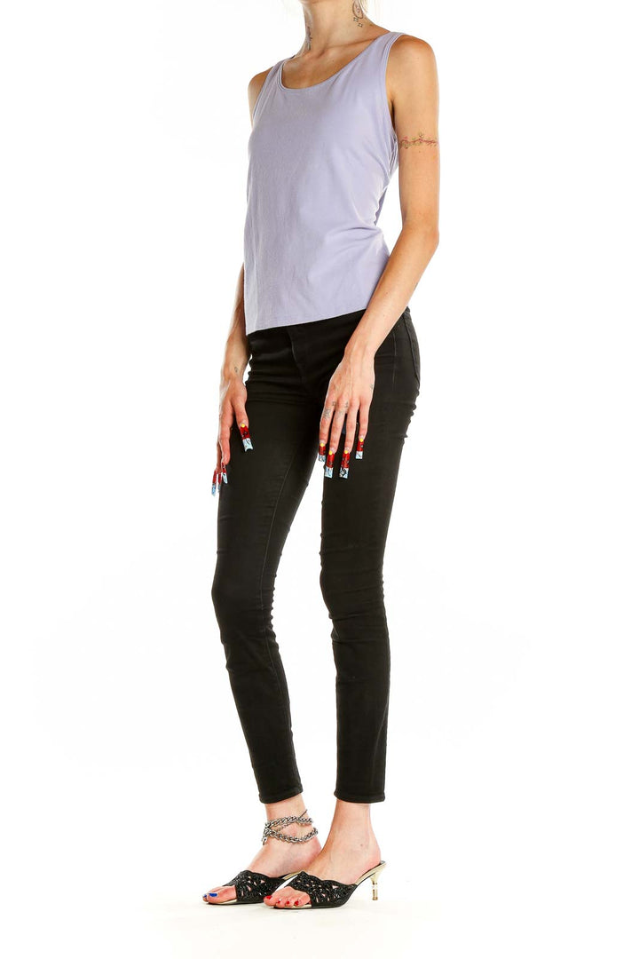 Front view of lavender Eileen Fisher sleeveless tank top on model