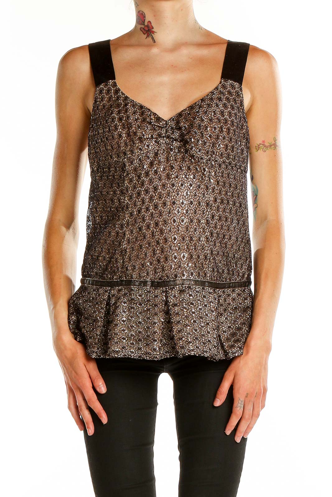 Front view of French Connection brown patterned sleeveless peplum top