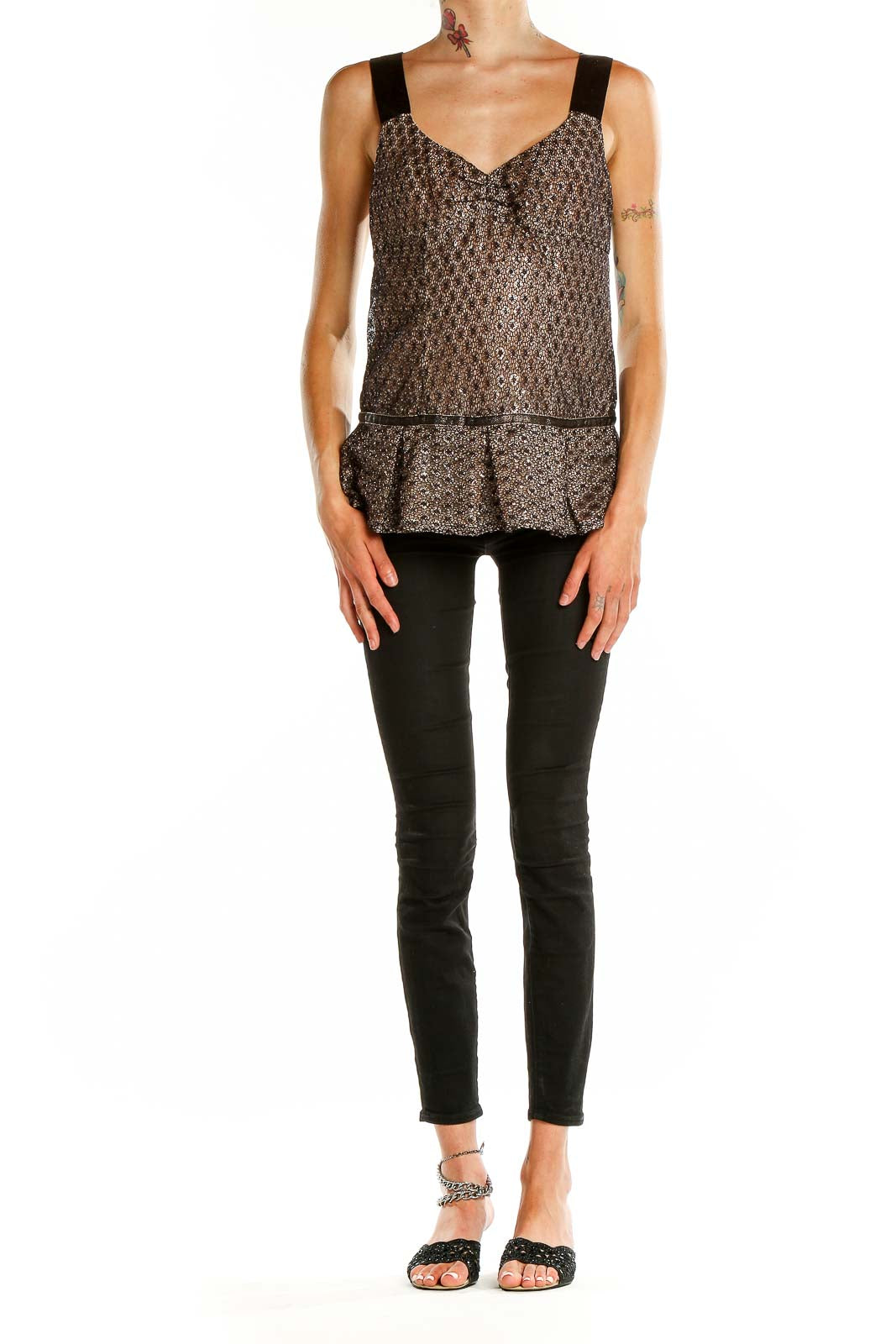 Front view of French Connection brown patterned sleeveless peplum top