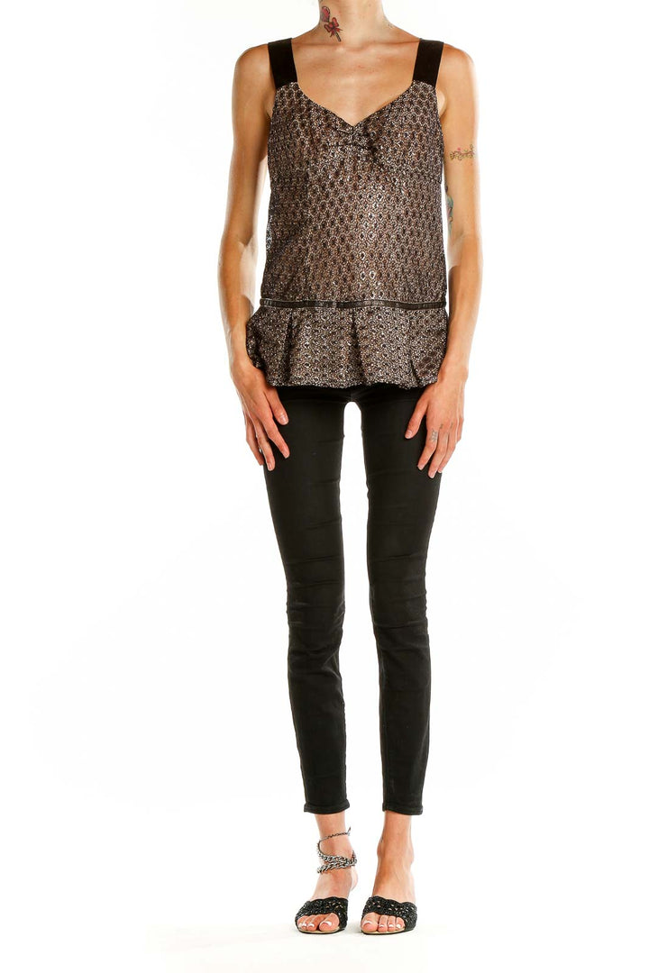 Front view of French Connection brown patterned sleeveless peplum top