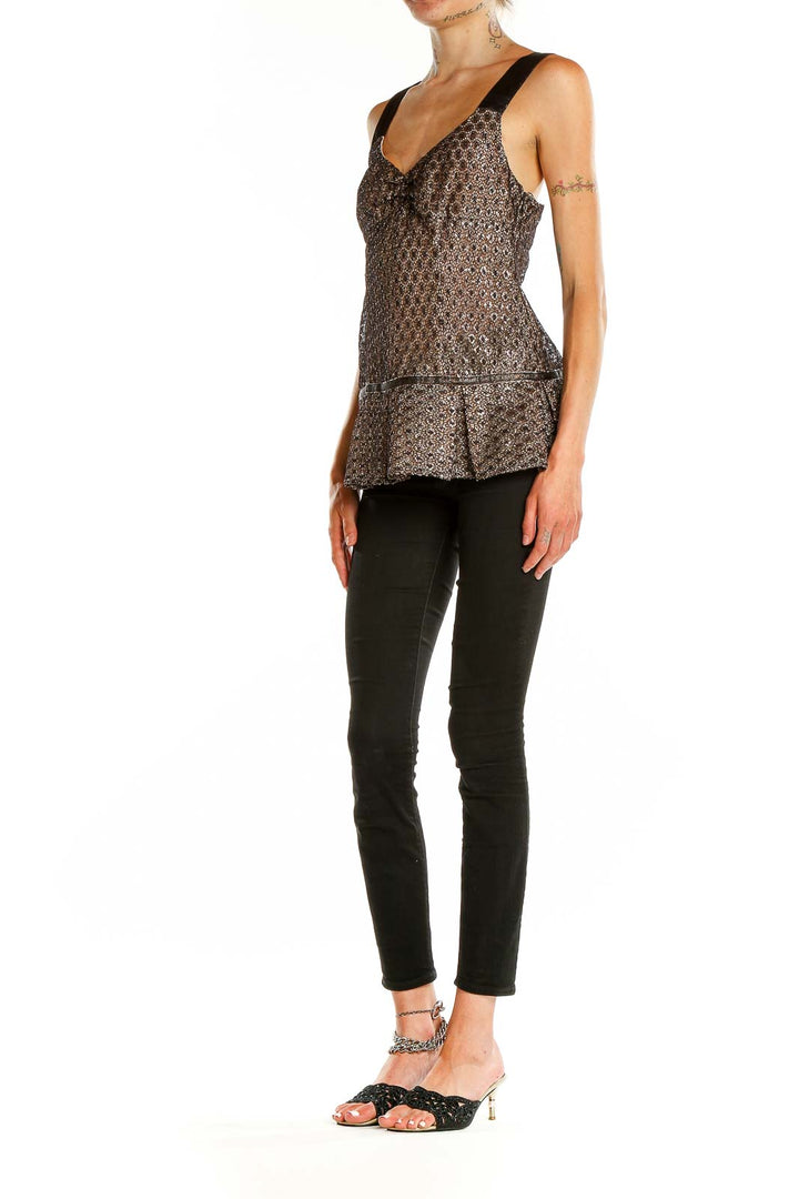 Front view of French Connection brown patterned sleeveless peplum top