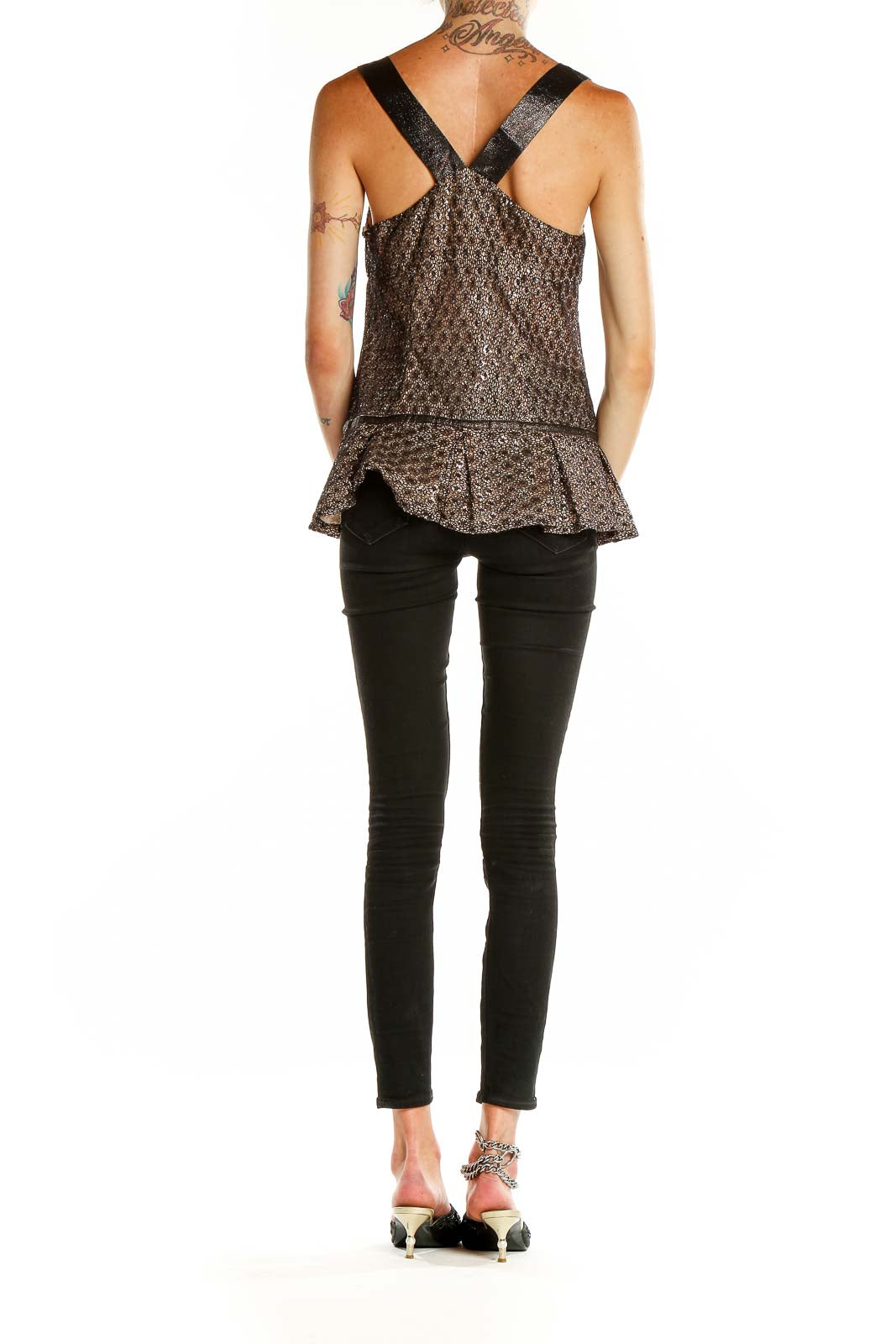 Back view of French Connection brown patterned sleeveless peplum top