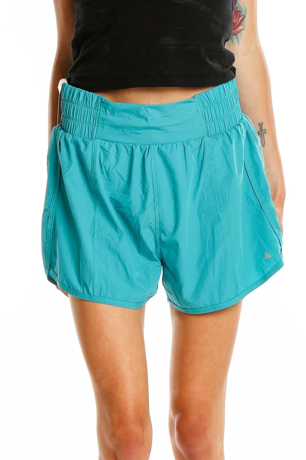 Front view of teal Vitality athletic shorts with elastic waistband