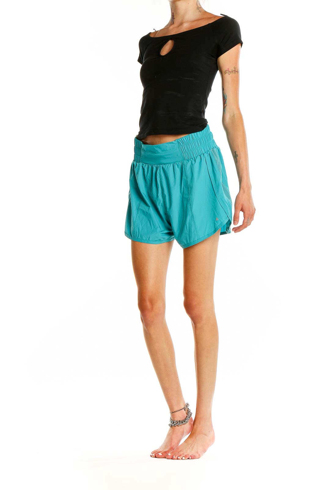 Front view of teal Vitality athletic shorts with elastic waistband