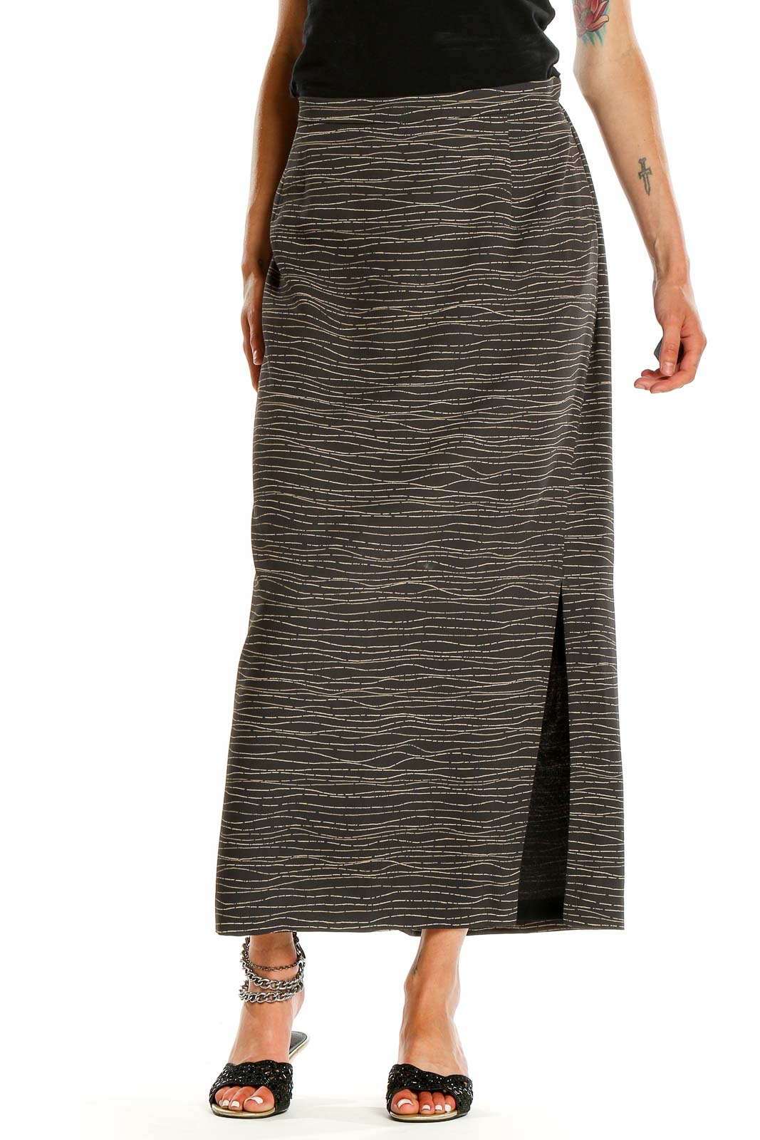 Front view of Josephine Chaus gray striped maxi skirt with side slit