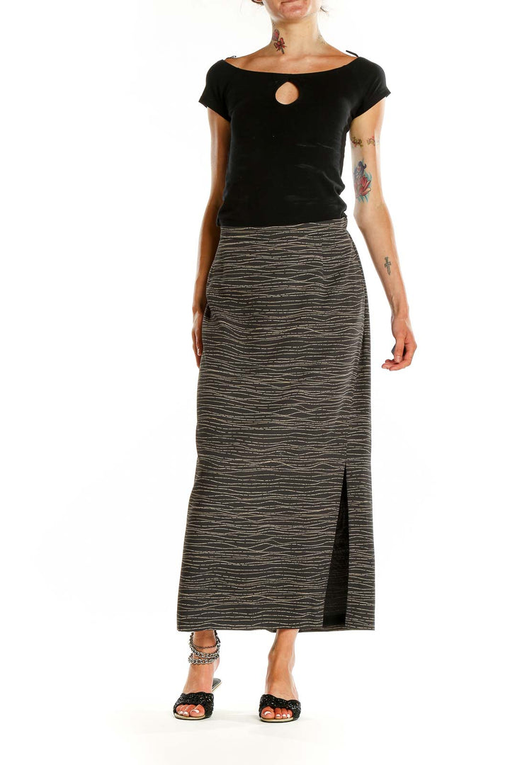 Front view of Josephine Chaus gray striped maxi skirt with side slit