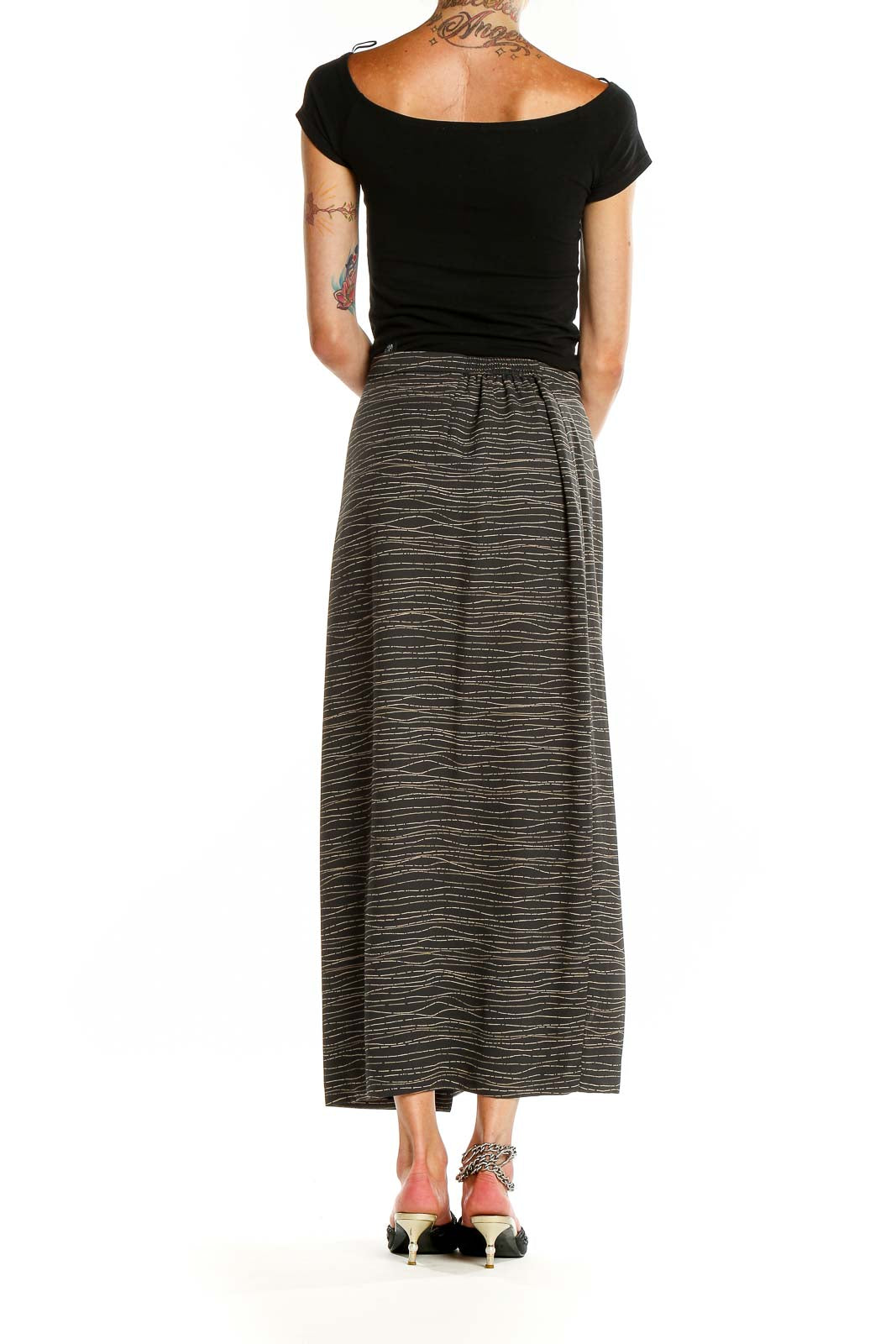 Back view of Josephine Chaus gray striped maxi skirt showing full length