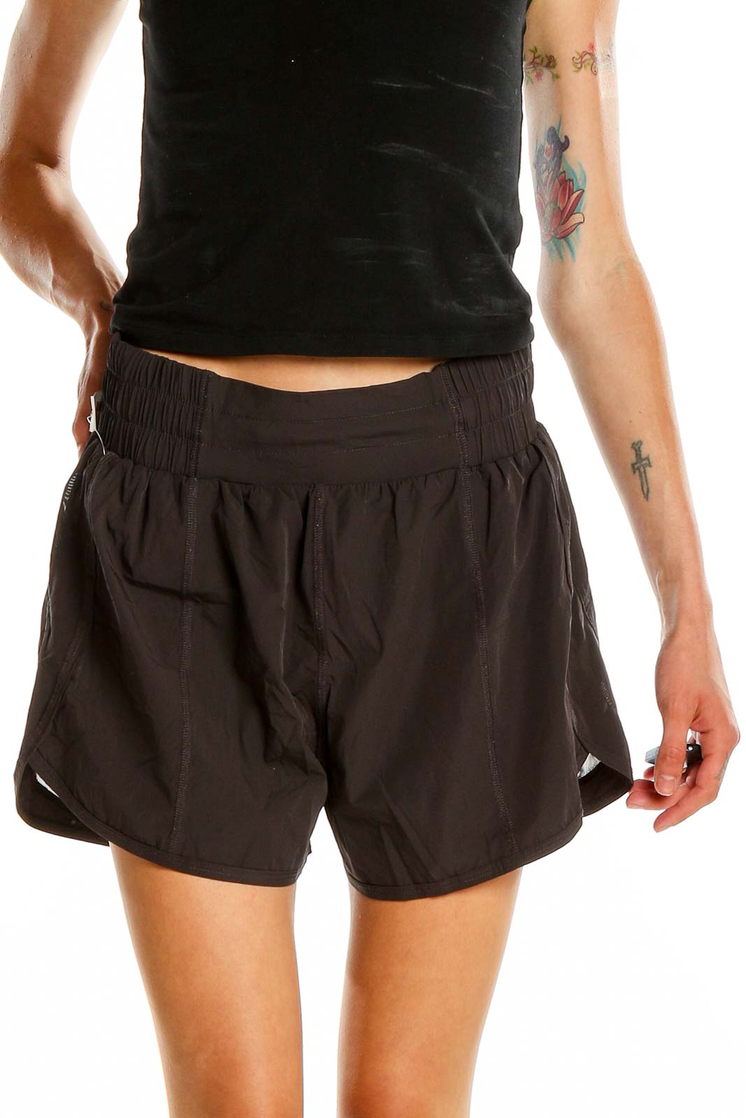 Front view of black Vitality athletic shorts with elastic waistband