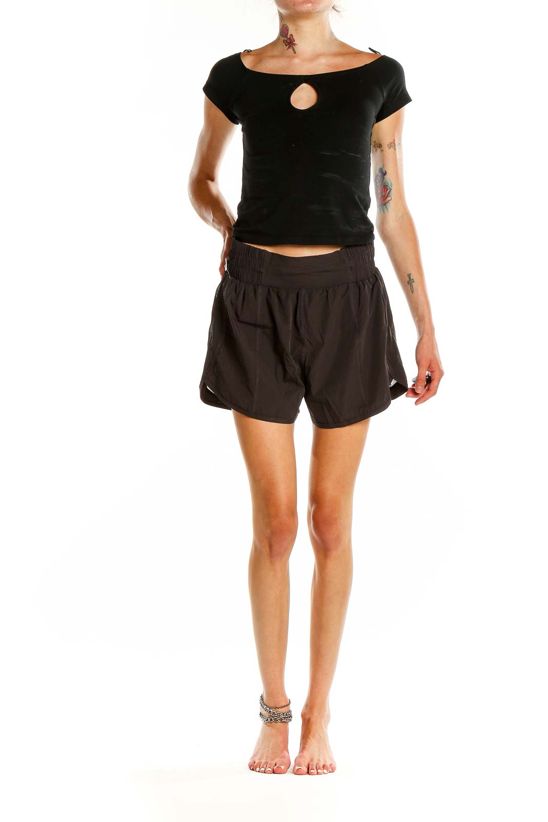 Front view of black Vitality athletic shorts with elastic waistband