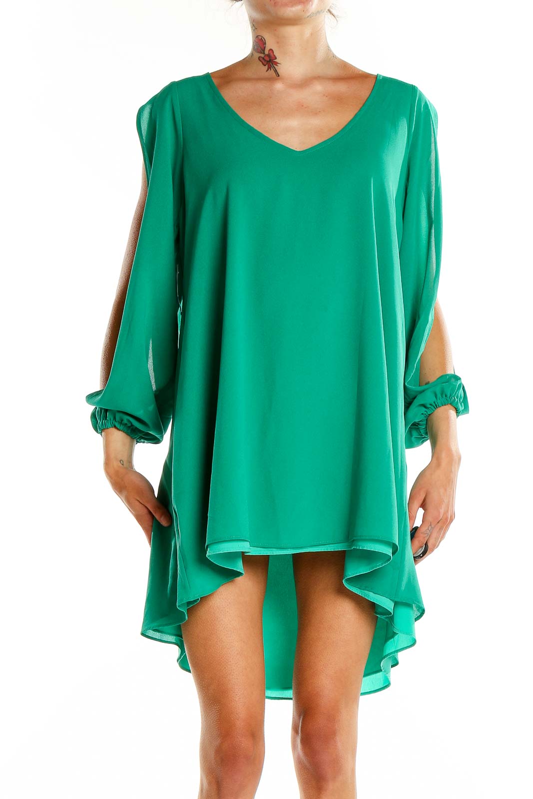 Front view of green Lovers and Friends mini dress with split sleeves