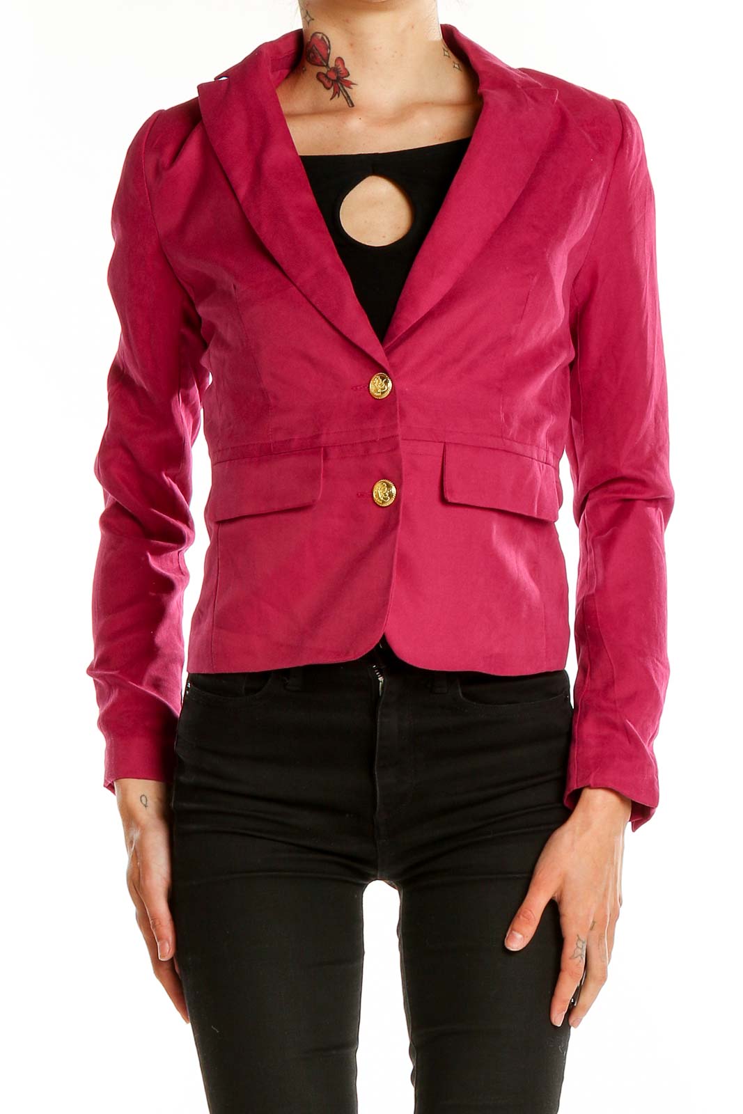 Front view of fuchsia Cynthia Rowley blazer with gold buttons