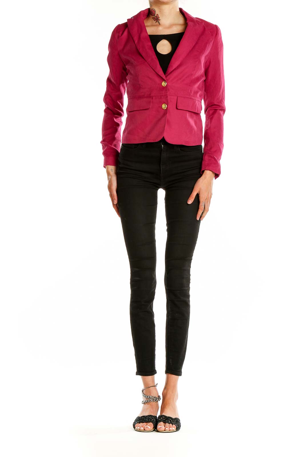 Front view of fuchsia Cynthia Rowley blazer with gold buttons