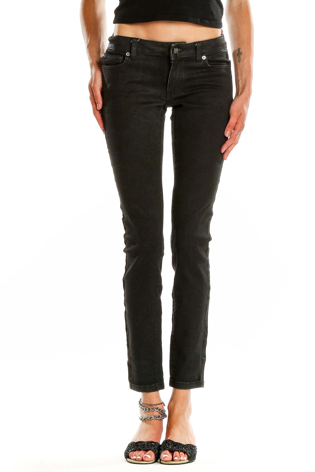 Front view of MICHAEL Michael Kors black slim-fit denim jeans on model