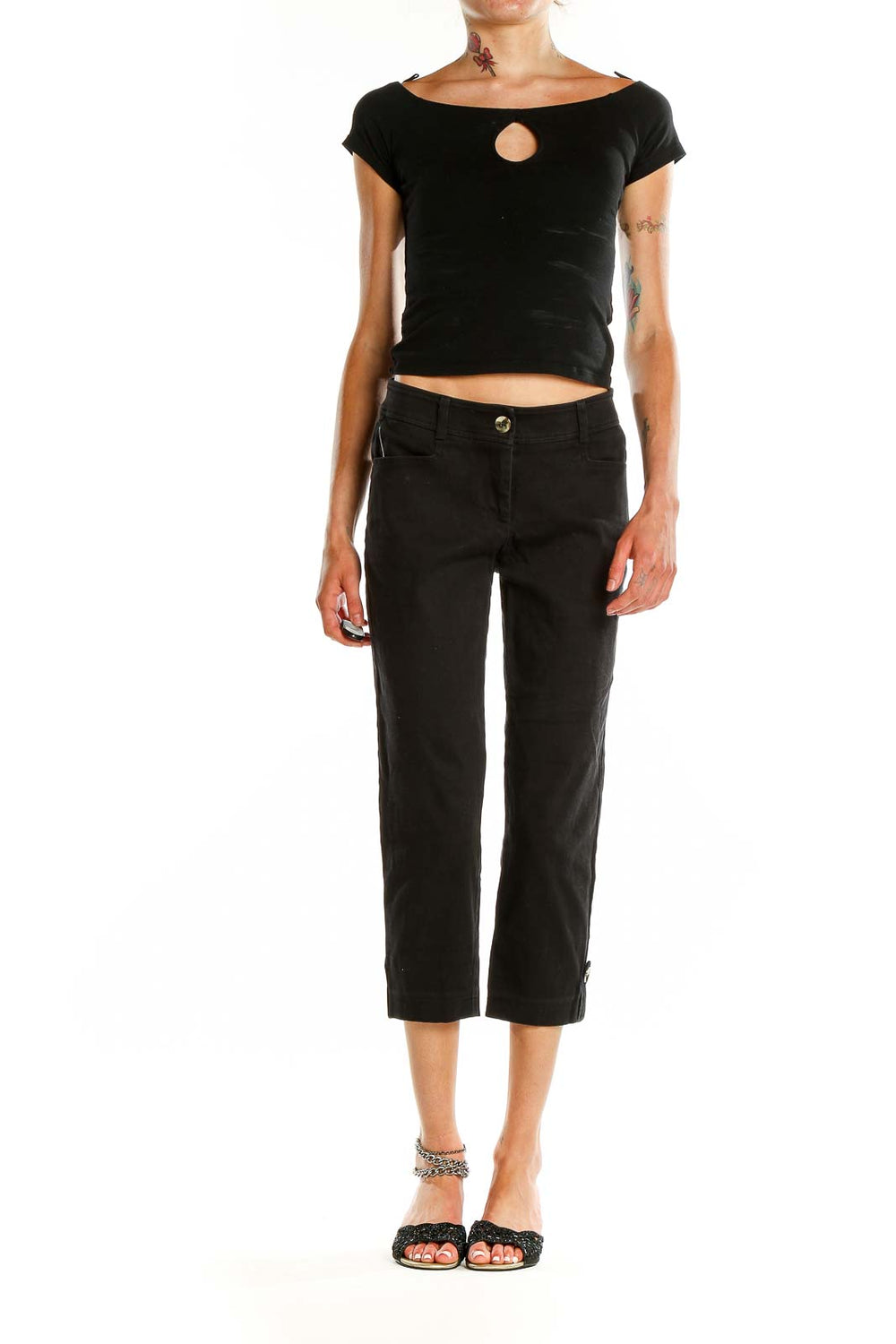 Front view of Cache black cropped dress pants with slim fit