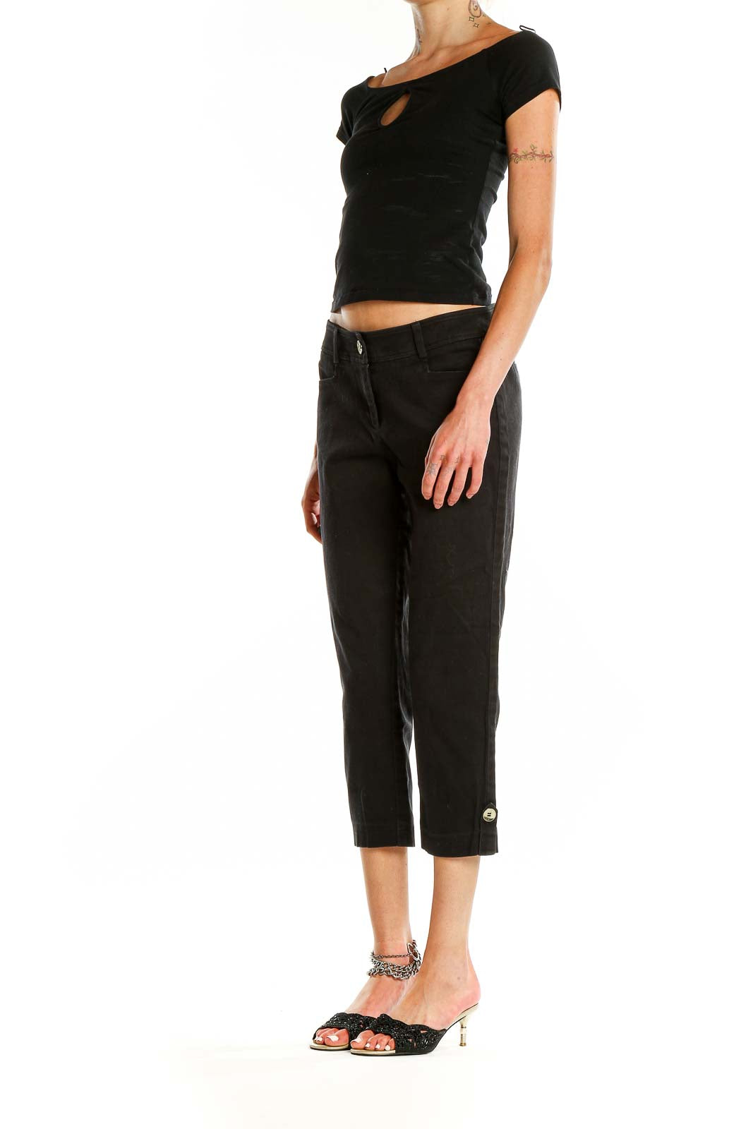 Front view of Cache black cropped dress pants with slim fit