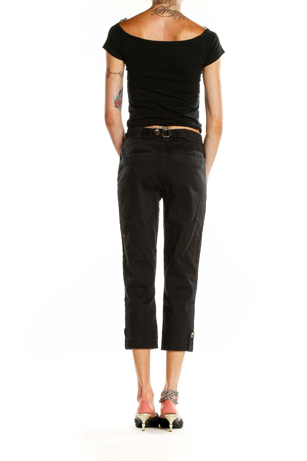 Back view of Cache black cropped dress pants showing straight leg design