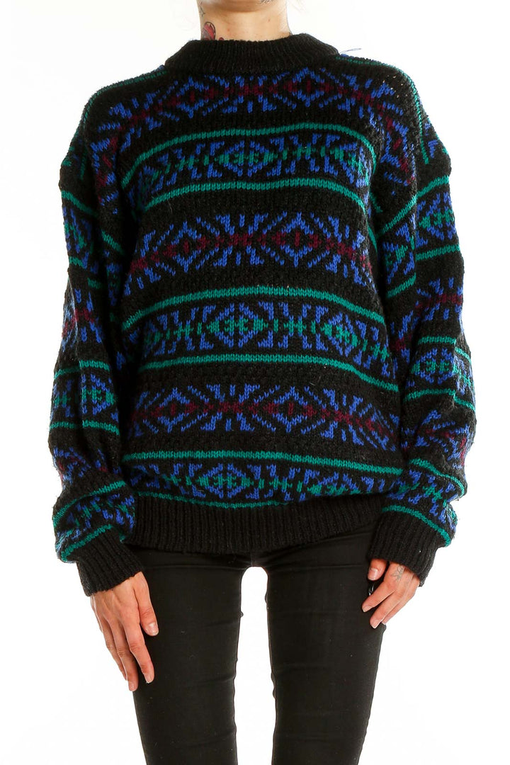 Front view of Black Geometric Pattern Knit Sweater with blue and green designs