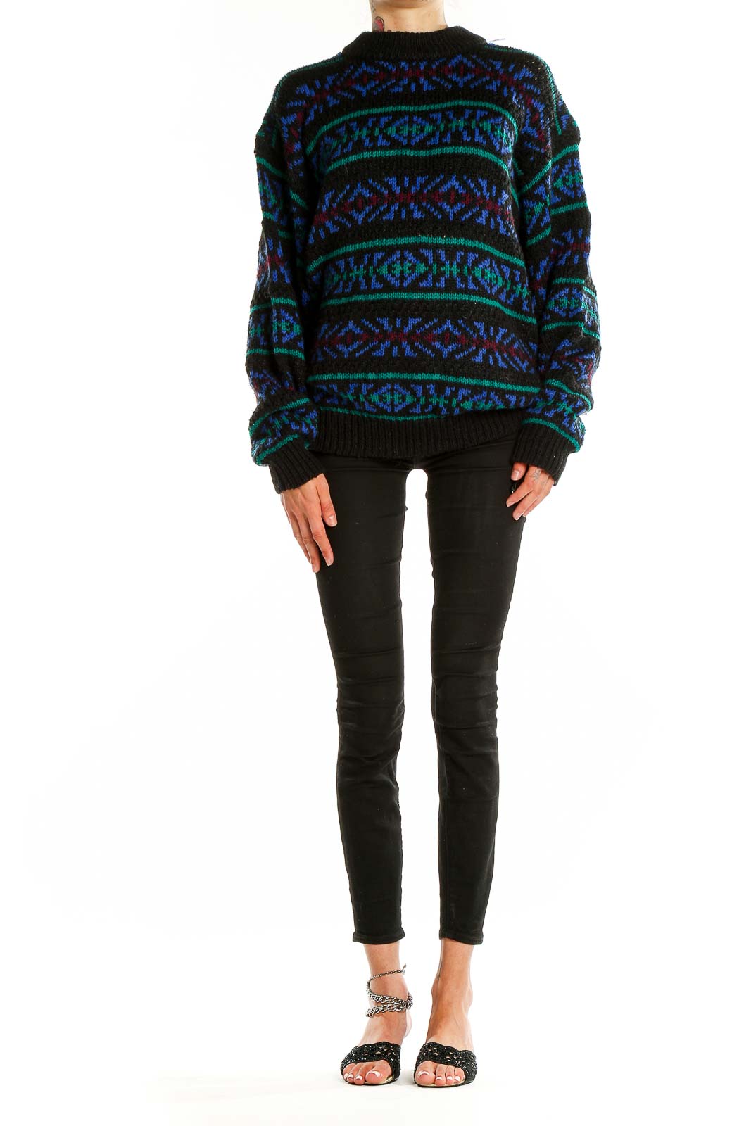 Front view of Black Geometric Pattern Knit Sweater with blue and green designs