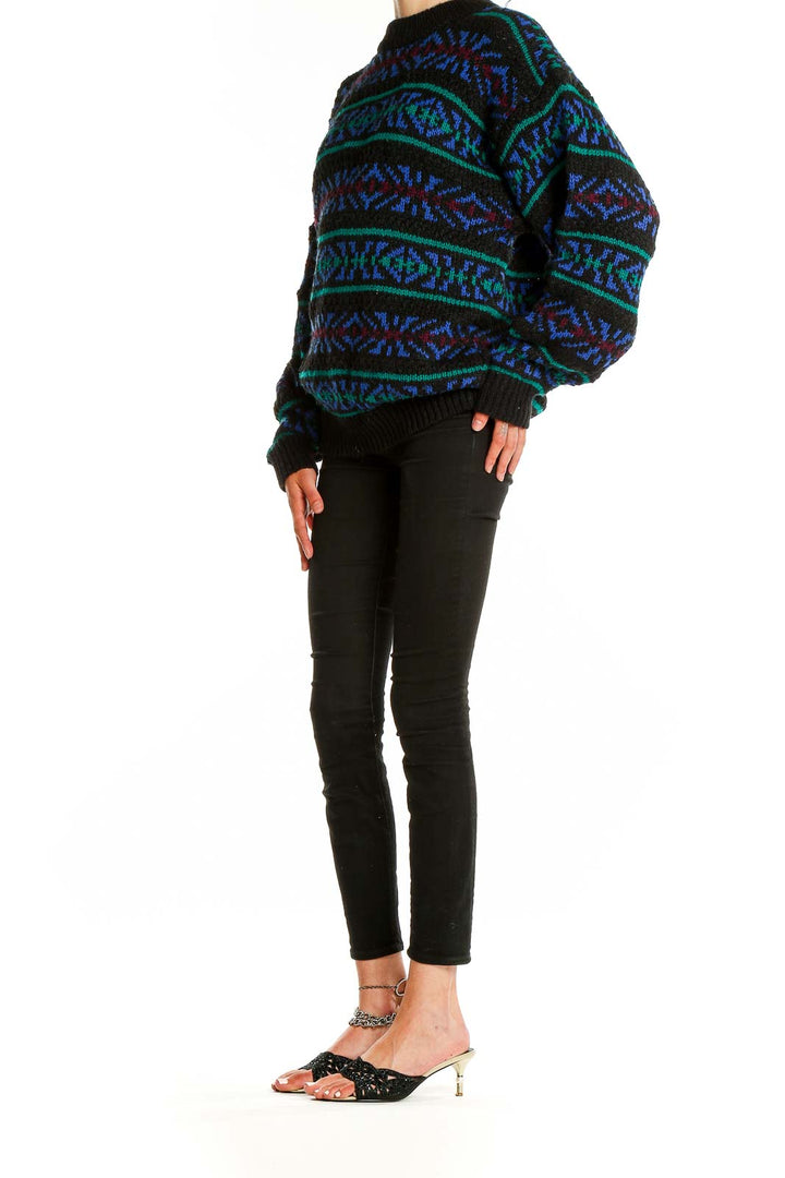 Front view of Black Geometric Pattern Knit Sweater with blue and green designs