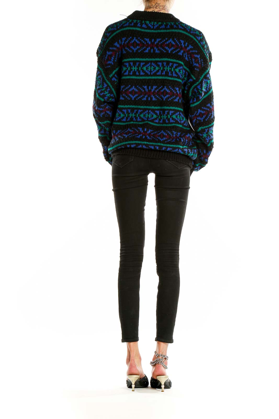 Back view of Black Geometric Pattern Knit Sweater showing full pattern