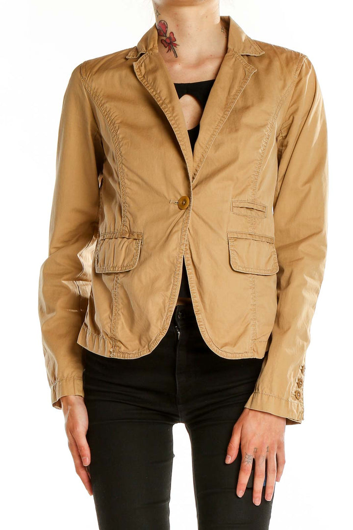 Front view of tan J.Crew single-button blazer jacket