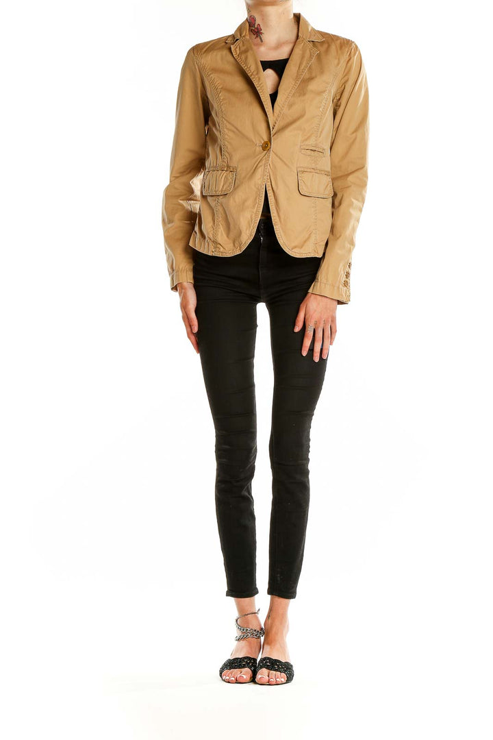 Front view of tan J.Crew single-button blazer jacket