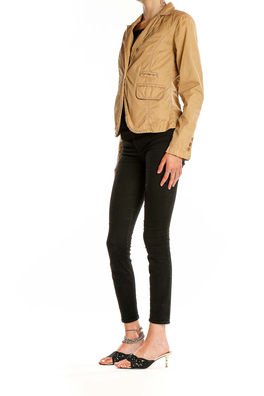 Front view of tan J.Crew single-button blazer jacket