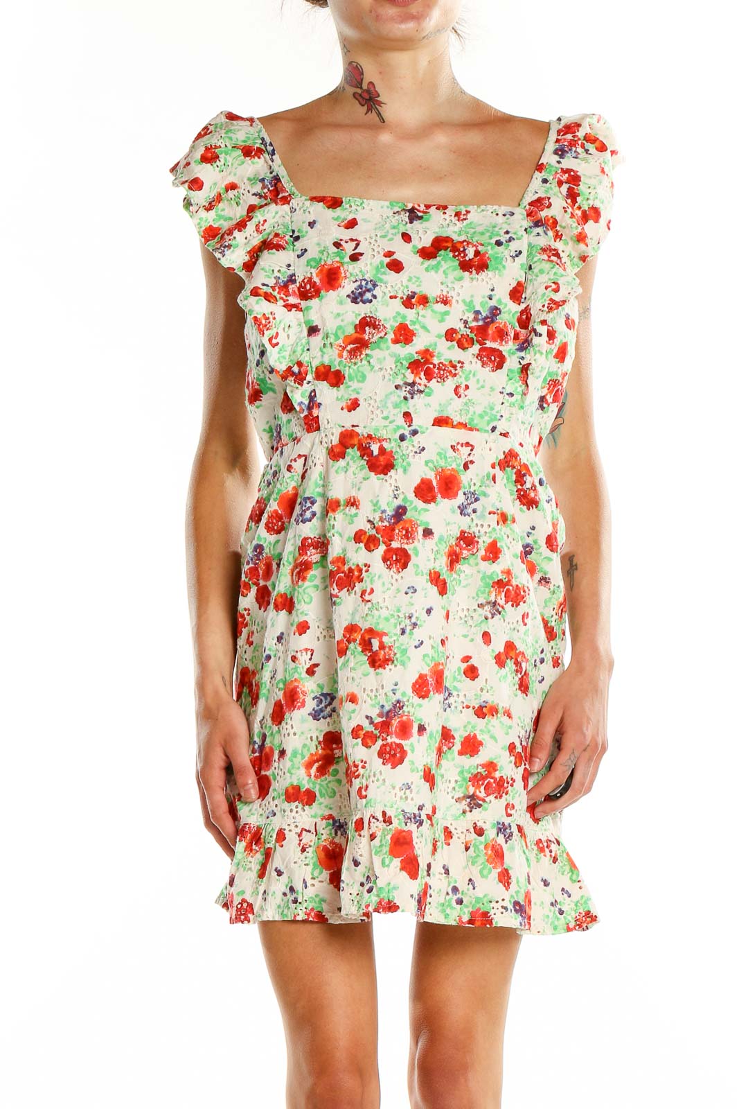 Front view of Blue Rain floral mini dress with ruffle sleeves and square neckline