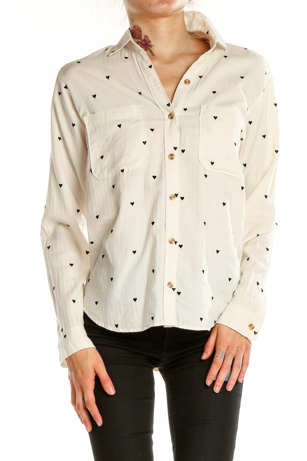 Front view of cream Abercrombie & Fitch button-up shirt with heart print