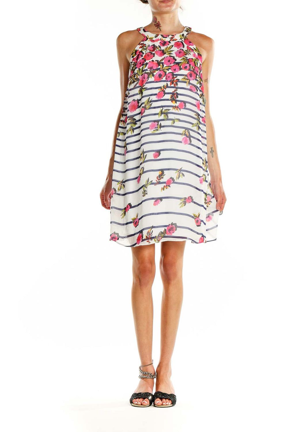 Front view of Betsy Johnson white halter dress with pink floral print and navy stripes