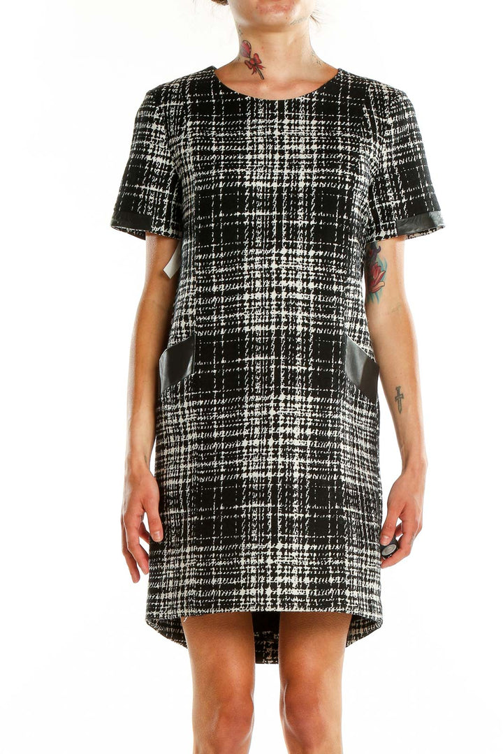 Front view of Banana Republic Black and White Plaid Shift Dress with leather-trimmed pockets