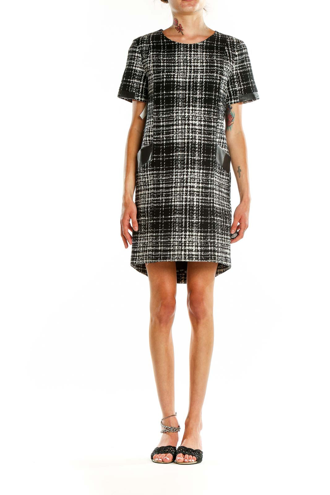 Front view of Banana Republic Black and White Plaid Shift Dress with leather-trimmed pockets