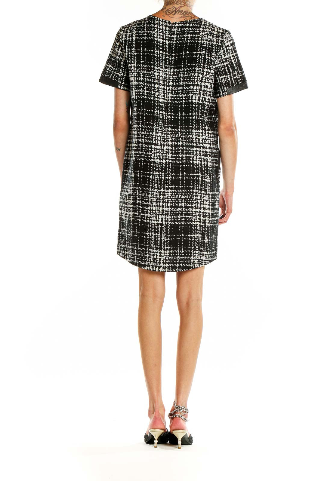 Back view of Banana Republic Black and White Plaid Shift Dress showing plaid pattern