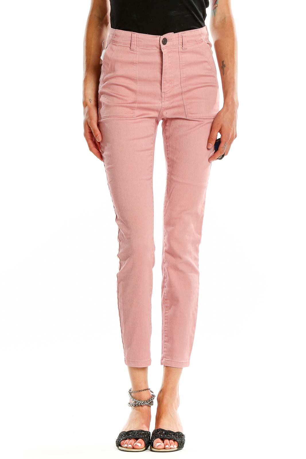 Front view of Mason & Belle pink high-waisted cropped pants