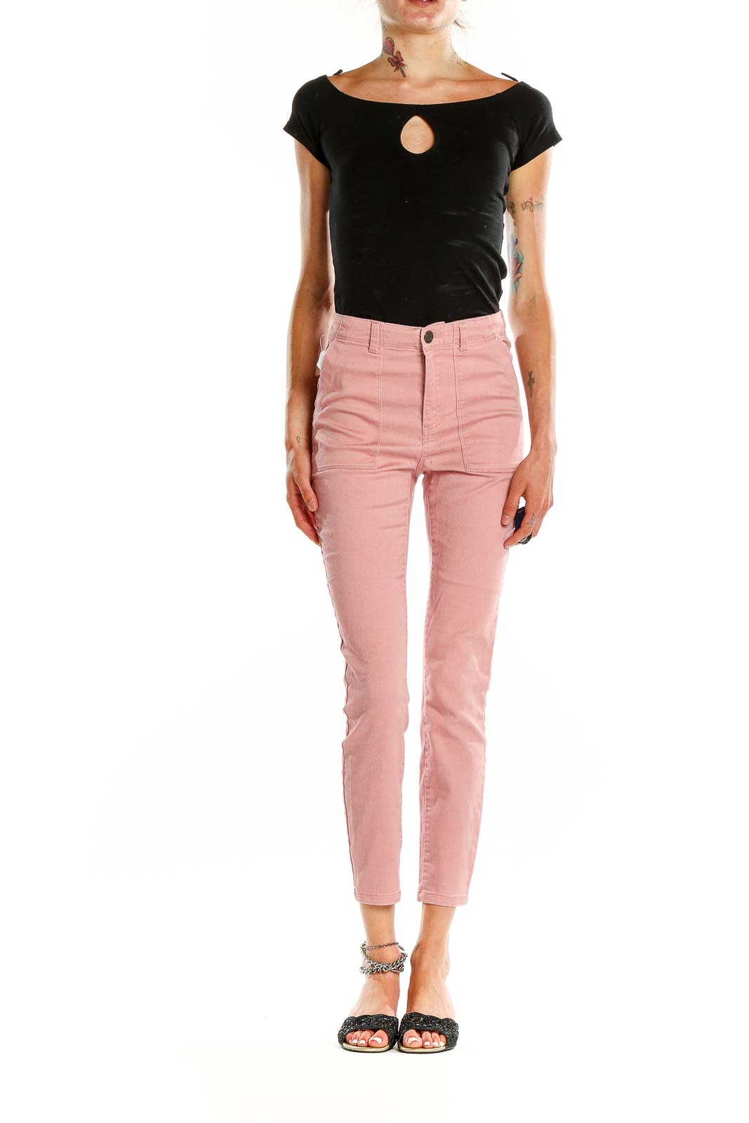 Front view of Mason & Belle pink high-waisted cropped pants