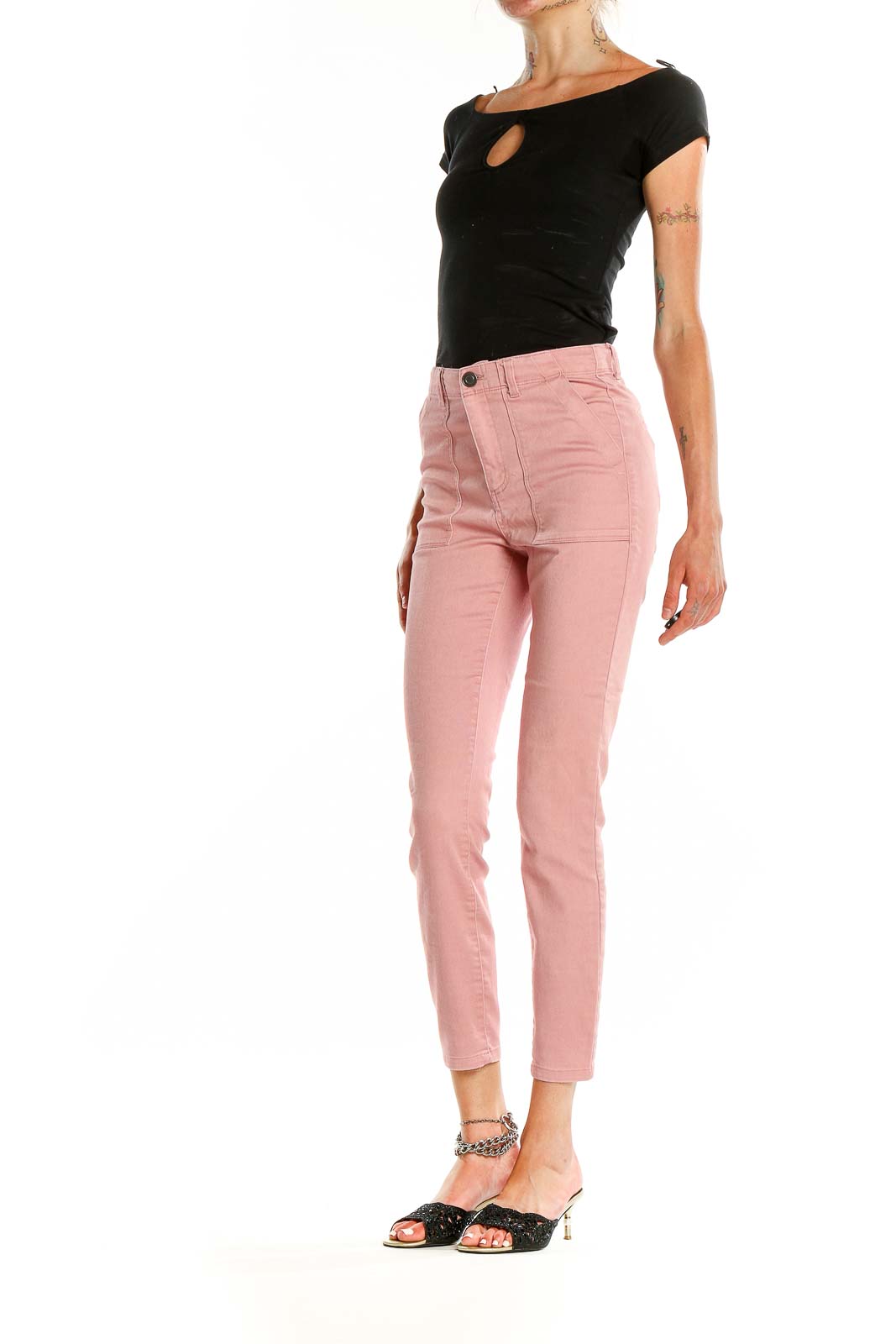 Front view of Mason & Belle pink high-waisted cropped pants