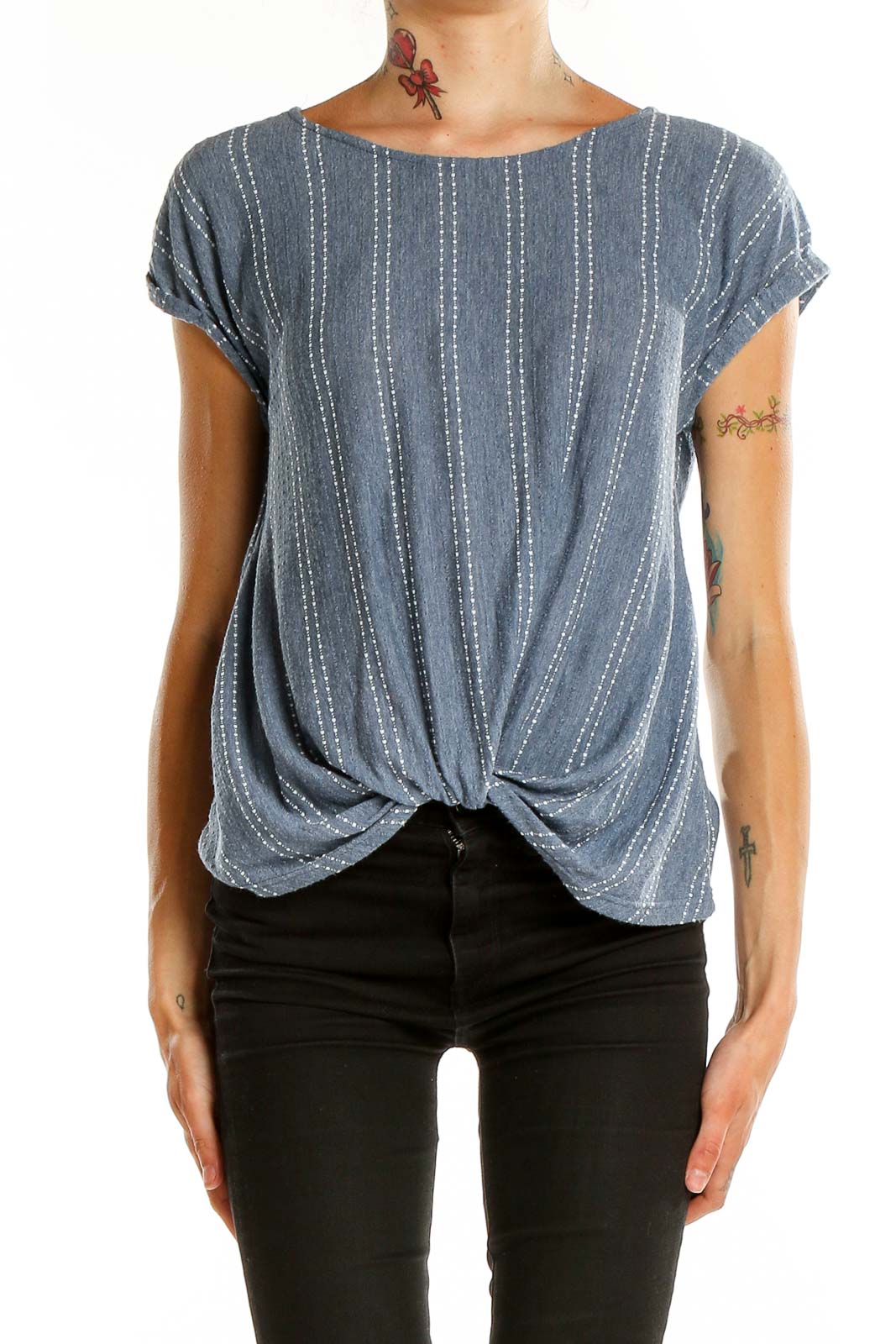 Front view of W5 blue striped twist-front top with short sleeves