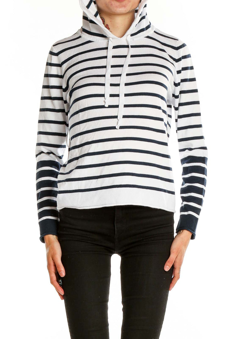 Front view of Lety & Me White and Navy Striped Hooded Knit Sweater