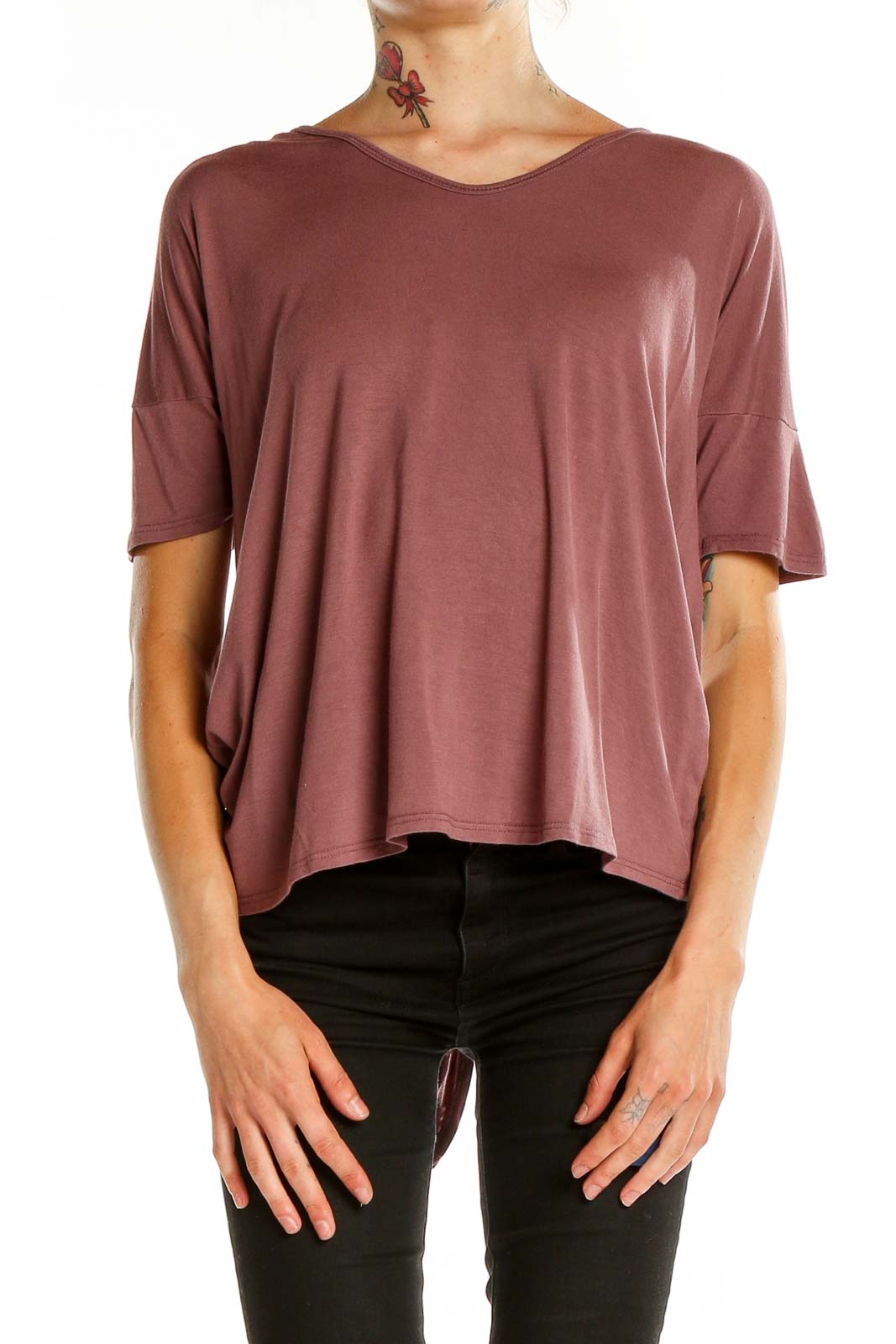 Front view of Ethereal mauve open-back top with v-neckline