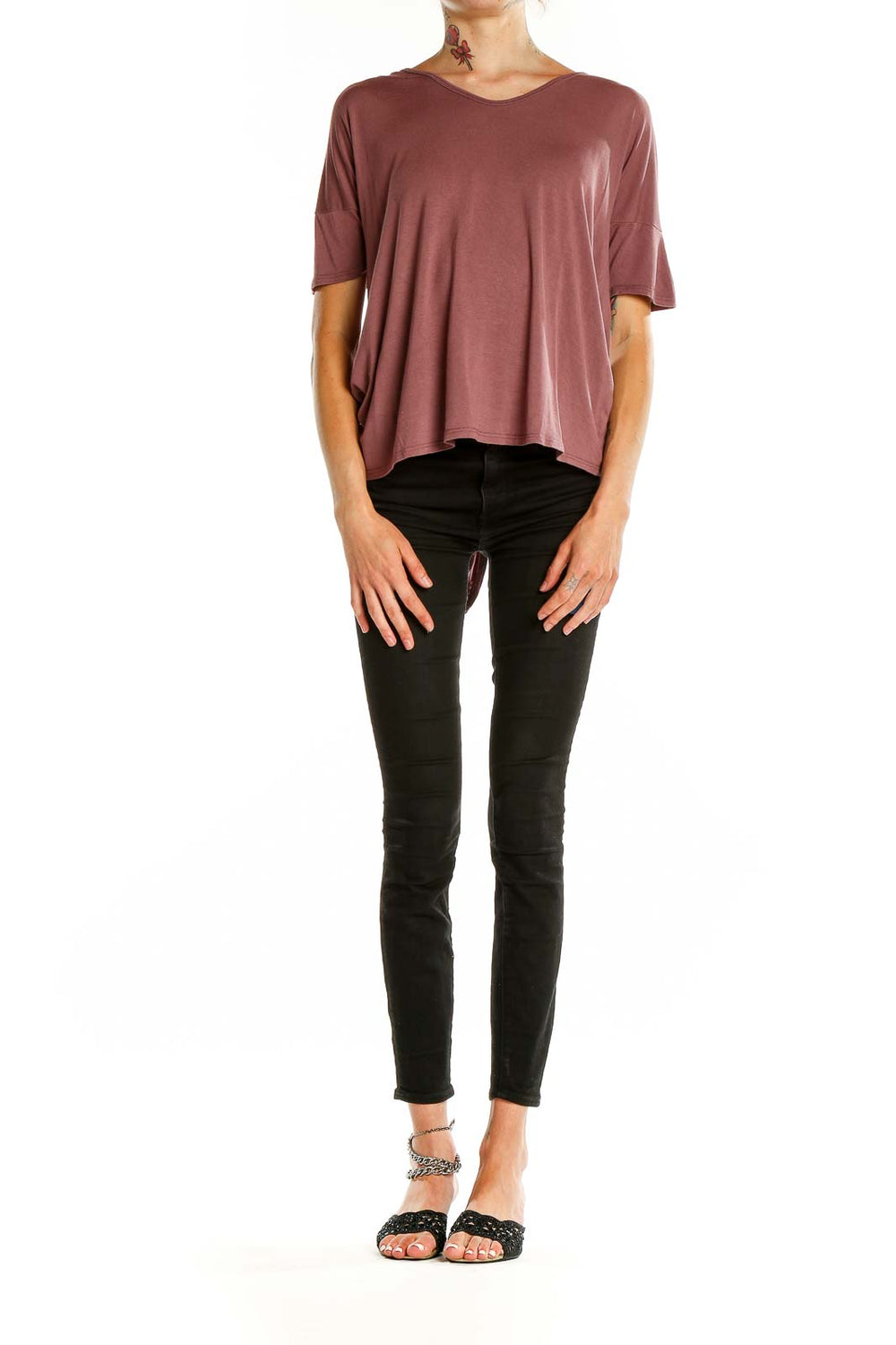 Front view of Ethereal mauve open-back top with v-neckline