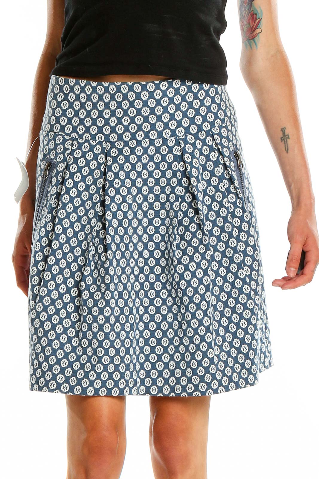 Front view of Maeve blue geometric print A-line skirt on model