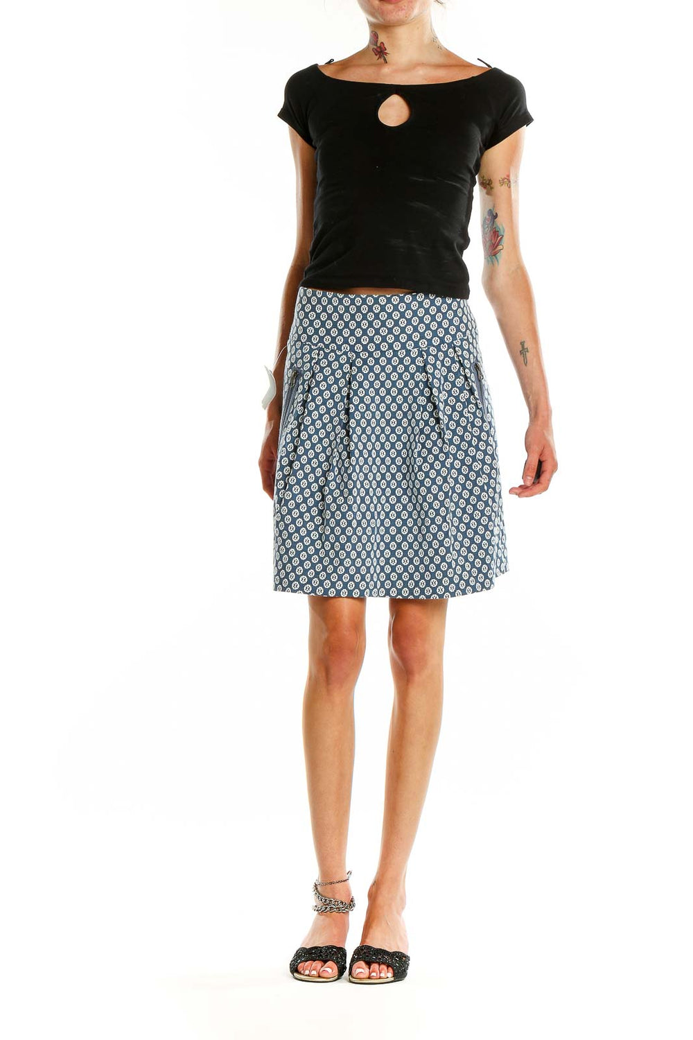 Front view of Maeve blue geometric print A-line skirt on model