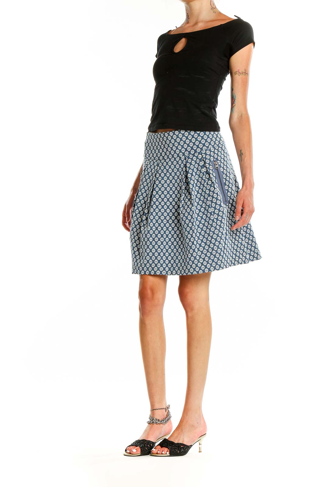 Front view of Maeve blue geometric print A-line skirt on model