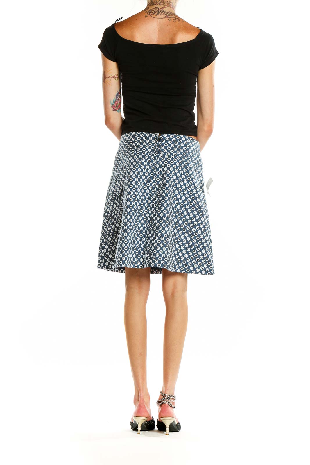 Back view of Maeve blue geometric print A-line skirt on model